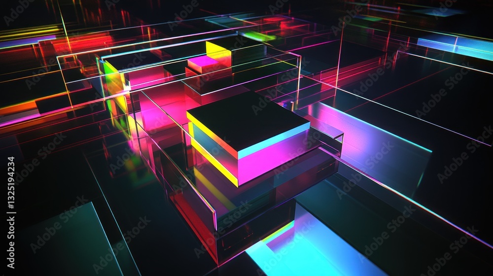 Poster futuristic glowing abstract blocks with reflection and vibrant illumination