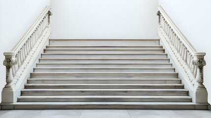 Fototapeta premium Symmetrical White Marble Staircase With Ornate Balustrade and Aged Stone Steps Leading Upwards in a Clean Interior