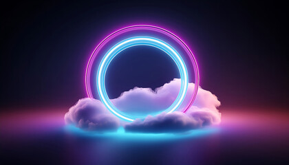 Obraz premium 3d render, abstract cloud illuminated with neon light ring on dark night sky. Glowing geometric shape, round frame
