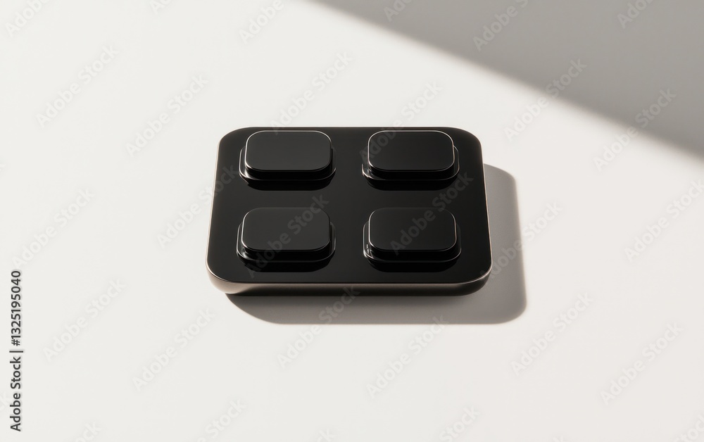 Poster close-up view of four glossy black oblong shapes arranged in a 2x2 grid on a white surface, illumina