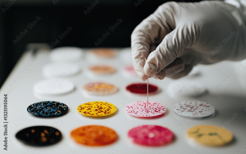 Poster close-up of gloved hand using inoculating loop to transfer sample onto petri dishes with colorful ba