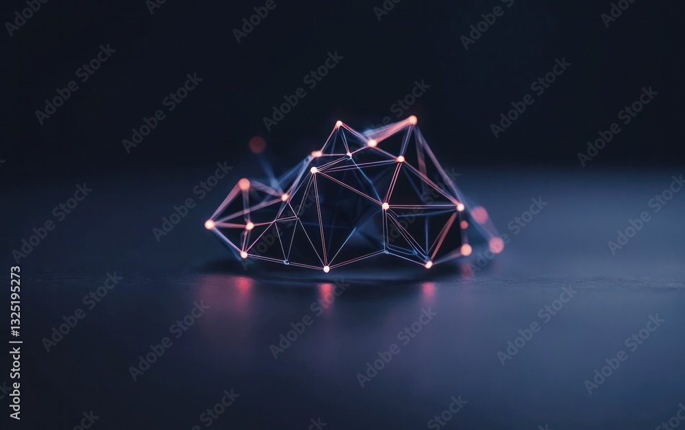 Poster abstract 3d rendering of geometric shapes with glowing pink and purple nodes and lines, dark backgro