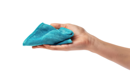 Hand holding cleaning cloth on transparent background