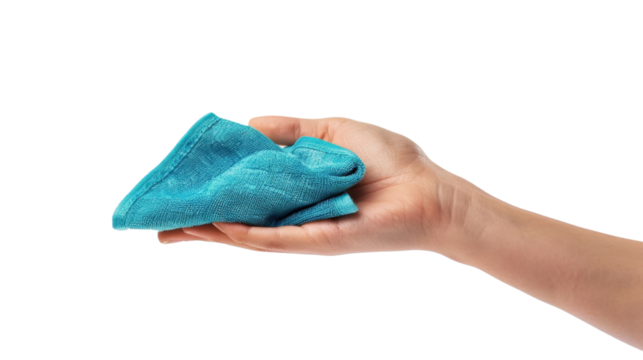 Hand holding cleaning cloth on transparent background