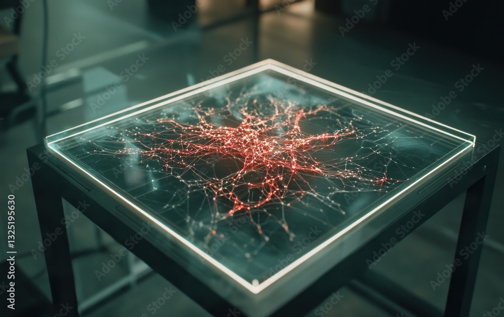 Poster intricate network of red and blue lines glowing on a glass surface, displayed on a modern square tab