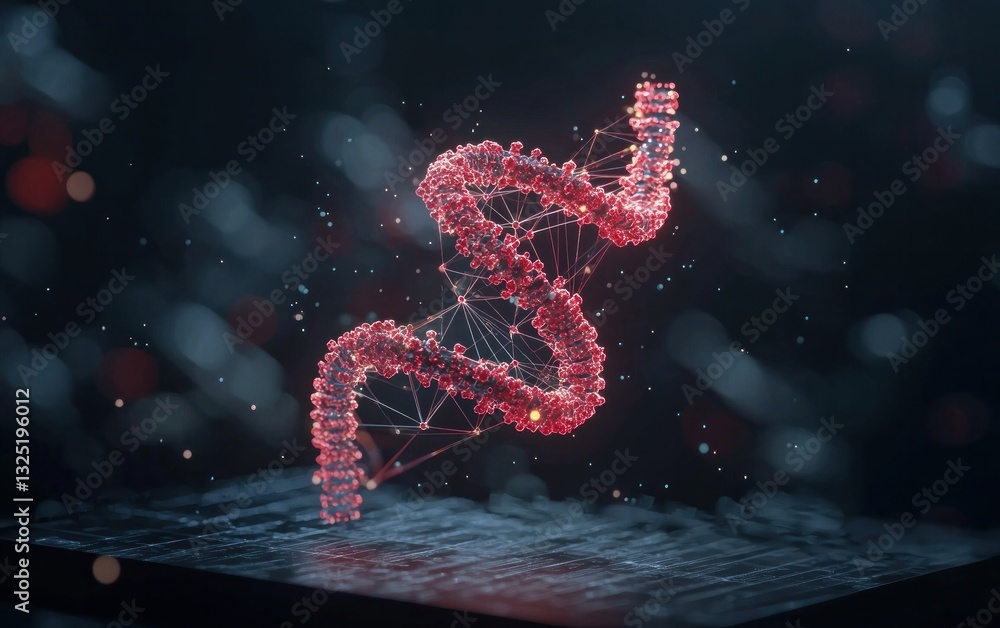 Fototapete abstract digital art depicting a red and glowing dna double helix structure against a dark backgroun