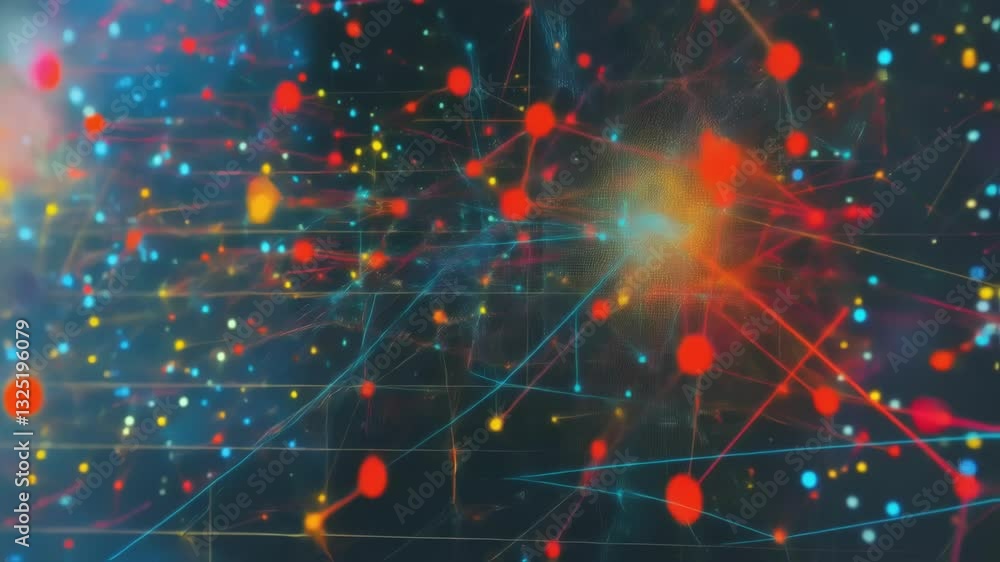 Poster complex data visualization exploding with vibrant colors and intricate connections on multiple scree