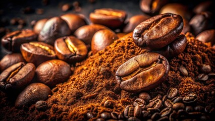 Fototapeta premium Vintage Coffee Seeds Close Up, Ground Coffee Beans, Dark Background, Retro Photography