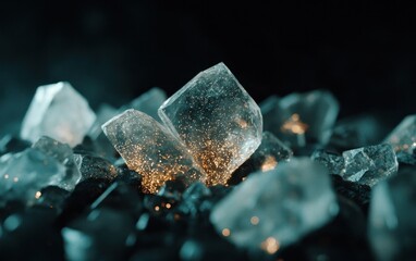 Glowing crystals amidst dark, teal-toned rocks.  Sparkling particles emanate from the crystals, creating a mystical atmosphere.  Close-up shot with shallow depth of field