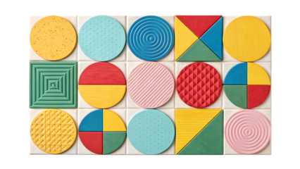 An artistic arrangement of colorful geometric shapes in a symmetrical grid.