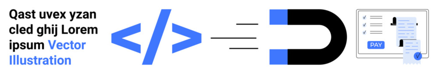Blue code tag emits lines toward a magnet pulling a payment bill and profile. Ideal for technology, programming, online services, digital transactions, data processing, freelancing, concepts of