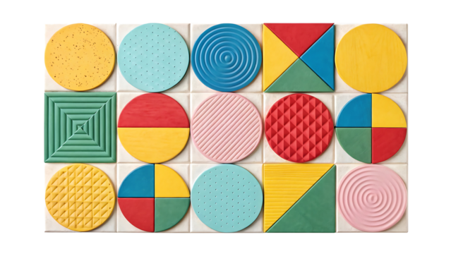 An artistic arrangement of colorful geometric shapes in a symmetrical grid. - Powered by Adobe