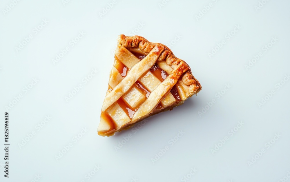 Poster a single slice of lattice-top pie on a white background. the pie is golden brown with a glossy caram