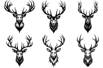 Set of Deer Head Svg Files, Buck Hunting Clipart, Silhouette Vector Image, Engraving Design Graphic, Transparent Background Print file