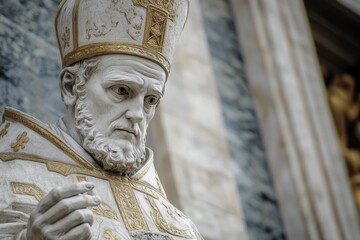 Obraz premium Statue of religious figure with ornate mitre and robes in thoughtful pose