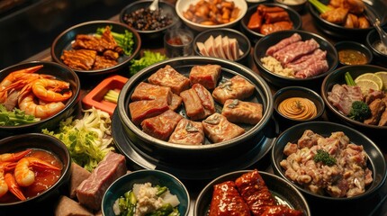 Obraz premium Delicious array of grilled meats and seafood on festive table setting