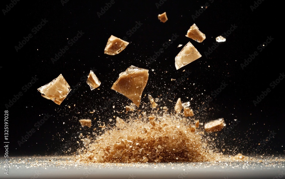 Poster golden fragments explode against a black background, creating a dramatic and dynamic visual. the tex