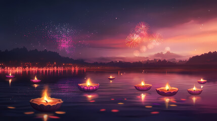 Fireworks and diyas reflection: fireworks exploding above a lake, with their reflection in the water along with the flickering lights of floating diyas, diwali. Floating Lights. Illustration