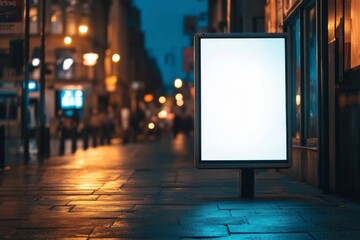 Blank Illuminated Advertising Billboard Display on City Street at Night