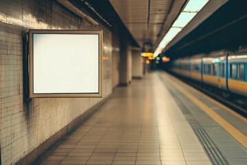 Empty White Advertisement Sign in Subway Station with Train Approaching Platform, Waiting Area - Blank Sign for Copy