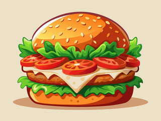 vector of  crispy chicken fillet topped with lettuce, tomato, and mayo, served on a toasted brioche bun