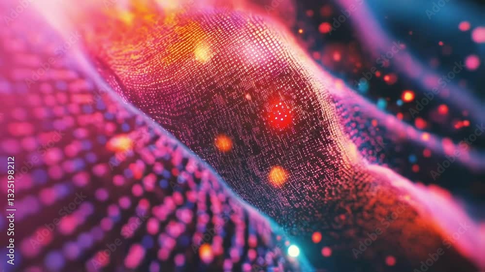 Poster innovative manufacturing process creating a wavy surface with glowing particles, representing advanc