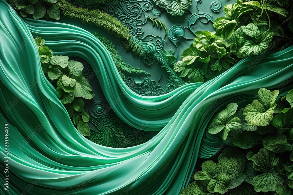 Poster emerald flow on a lush background with elaborate details and gentle waves