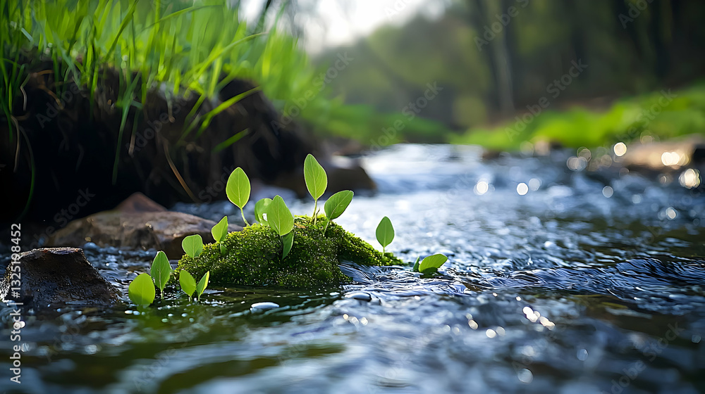 Poster close up of lush green watercress in shallow flowing stream with blurred background of forest in spr
