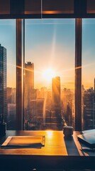 Modern office with sunrise over cityscape and plant
