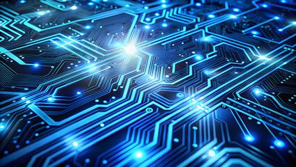 Fototapeta premium vibrant tapestry of interconnected blue circuit patterns and lights