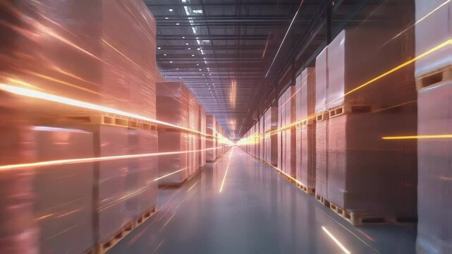 Light trails illuminating cardboard boxes stacked on pallets in a modern warehouse, symbolizing innovative manufacturing processes and streamlined logistics