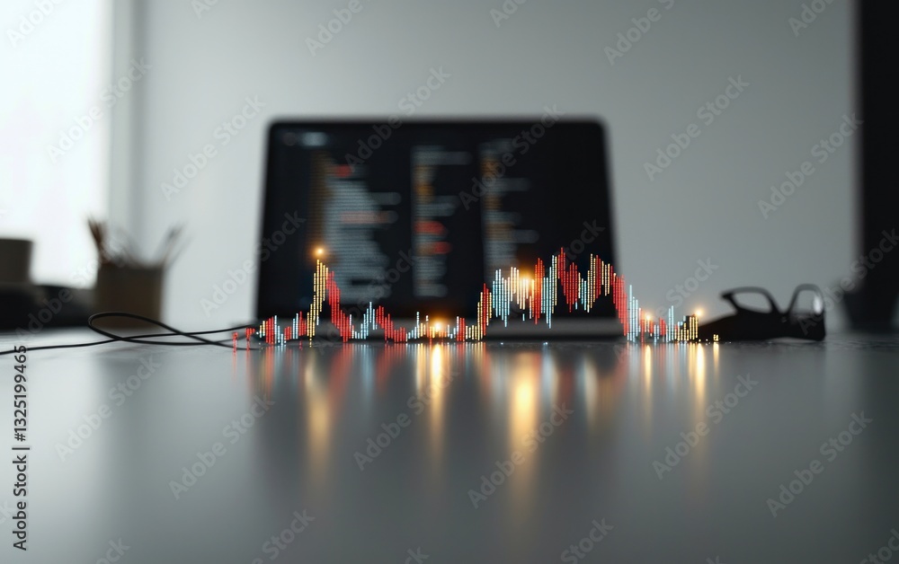 Poster abstract image of illuminated candlestick chart reflecting on a sleek surface in front of a laptop s