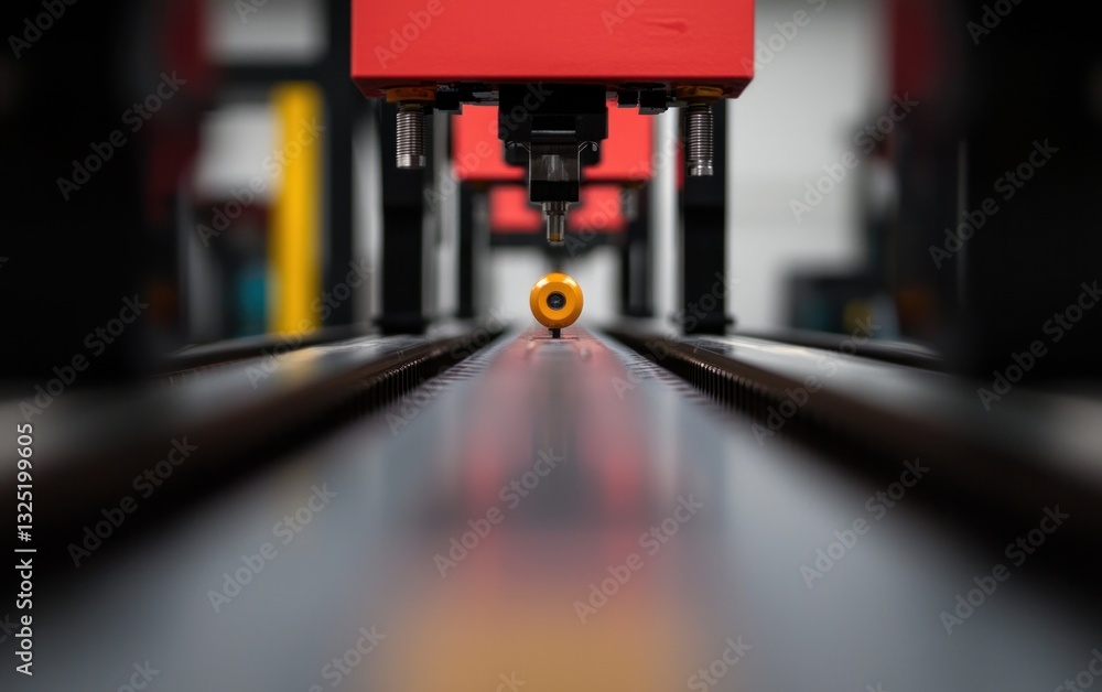 Poster close-up view of a metallic yellow cylindrical object on a conveyor belt, being processed by red ind