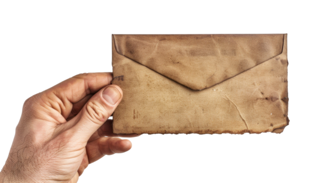Hand holding old envelope with transparent background