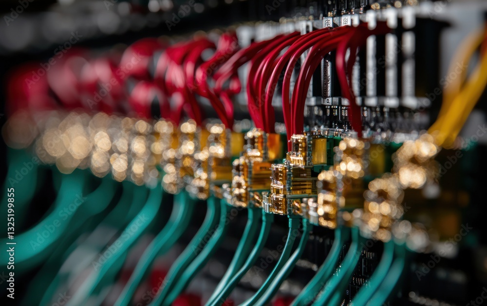 Poster close-up view of intricate circuitry with red and green cables connected to gold connectors. the bac