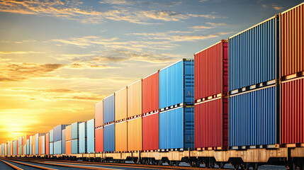 Colorful freight train with stacked shipping containers traversing railway during sunset with golden hour lighting