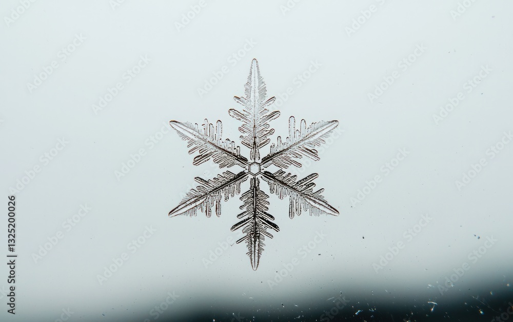 Poster close-up of a detailed snowflake on a light gray background. the snowflake is intricate and symmetri