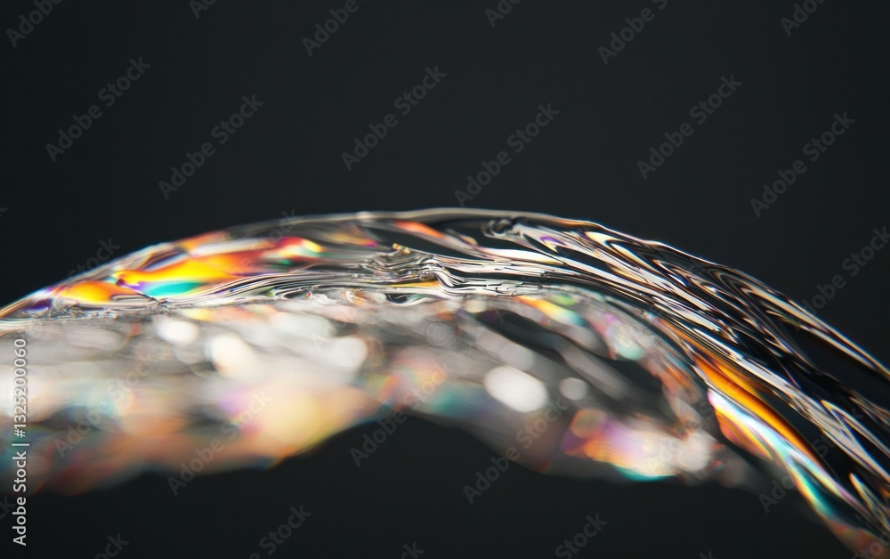 Poster Close-up of a translucent, iridescent liquid surface with curved lines and rainbow-like reflections against a dark background. The texture appears smooth with subtle ripples and highlights