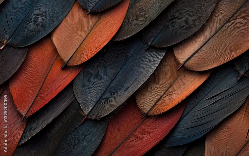 Poster close-up view of overlapping dark red, brown, and black feathers. intricate patterns and textures ar