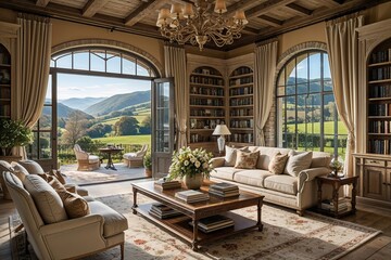 Elegant Living Space with Stunning Countryside Views and Beautifully Crafted Literary Collection