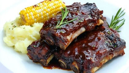 Delicious Barbecue Ribs Served with Creamy Mashed Potatoes and Fresh Corn on the Cob, Beautifully Arranged on a White Plate for a Mouthwatering Culinary Experience.