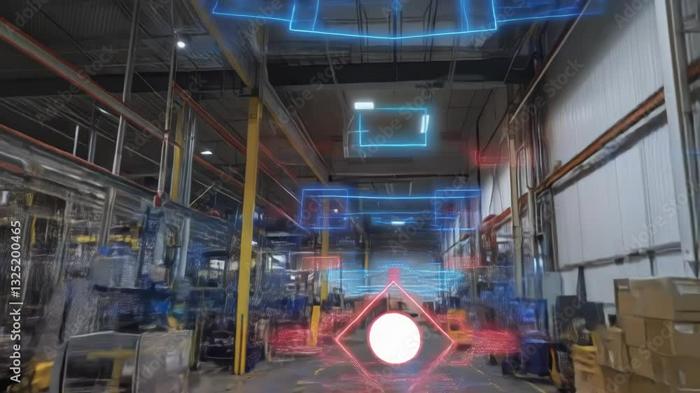 Poster automated guided vehicles and forklifts navigating marked routes with projected digital symbols, enh