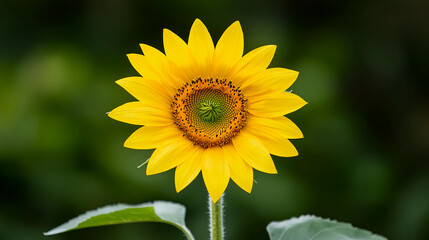 A vibrant sunflower stands tall with bright yellow petals, showcasing its intricate center against a blurred green background.