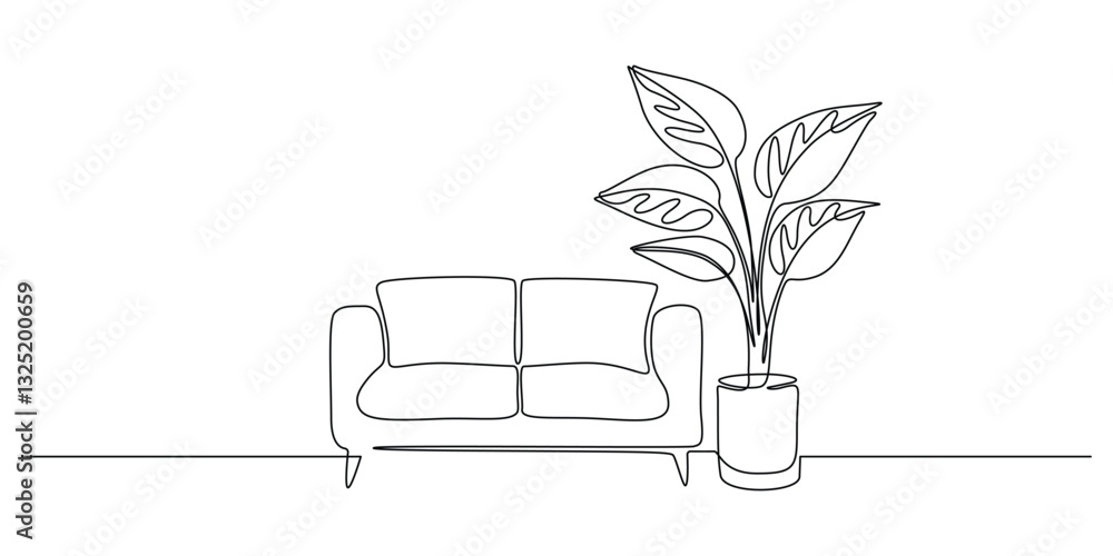 Poster sofa with home plant in continuous one line drawing. modern room and home furniture in simple linear