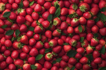 Fresh strawberries, many, vibrant red, green leaves, overhead view