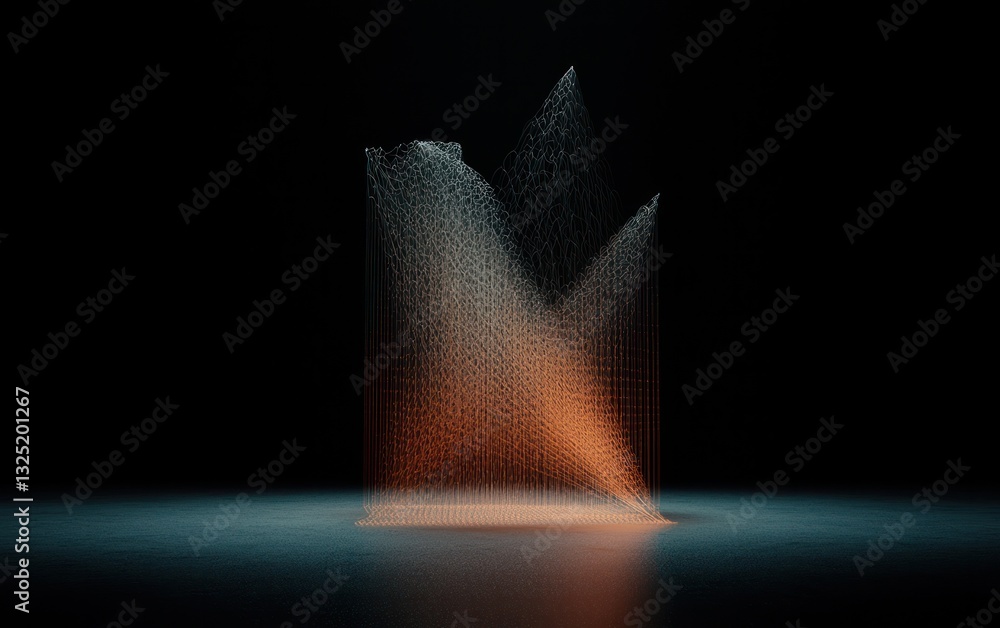 Poster abstract digital art depicting two luminous columns of particles, one copper and one silver, rising 