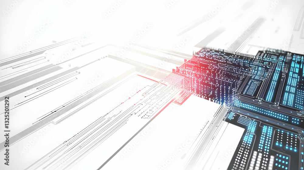 Poster abstract digital network visualization with white geometric lines and blue red highlights