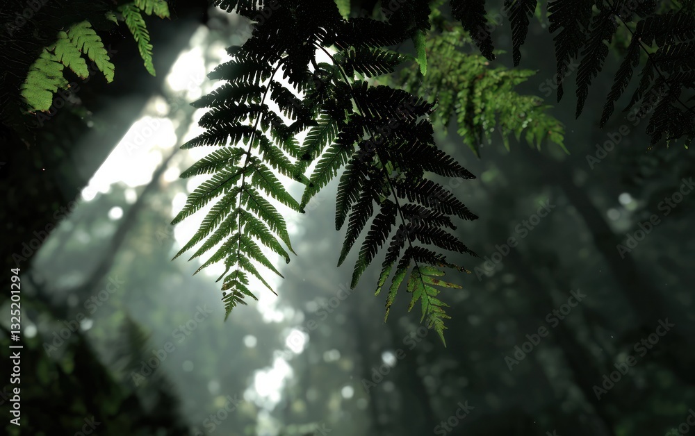 Poster close-up view of lush green ferns with backlit lighting creating a soft, ethereal glow in a misty fo