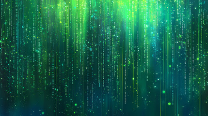 Abstract tech background featuring overlapping layers of transparent blue and green data grids with floating geometric shapes and binary code. cyber tech wallpaper. Floating Lights. Illustration