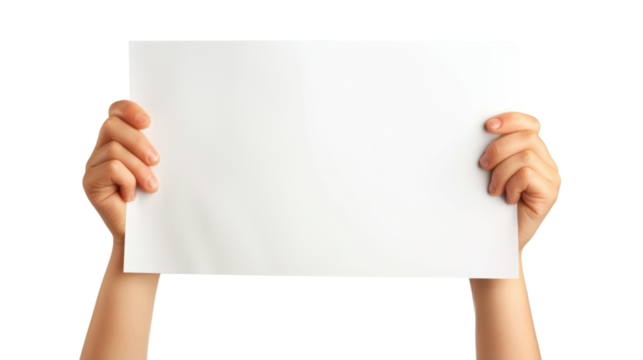 Woman holding blank white sheet of paper on transparent background